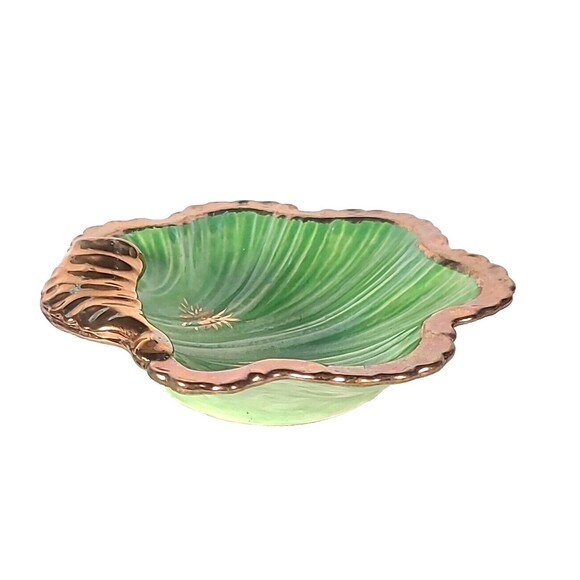 VTG Green & Gold Ceramic Shell Dish Seashell Scroll Bowl- Maker's Mark "G" MCM - Picture 2 of 12